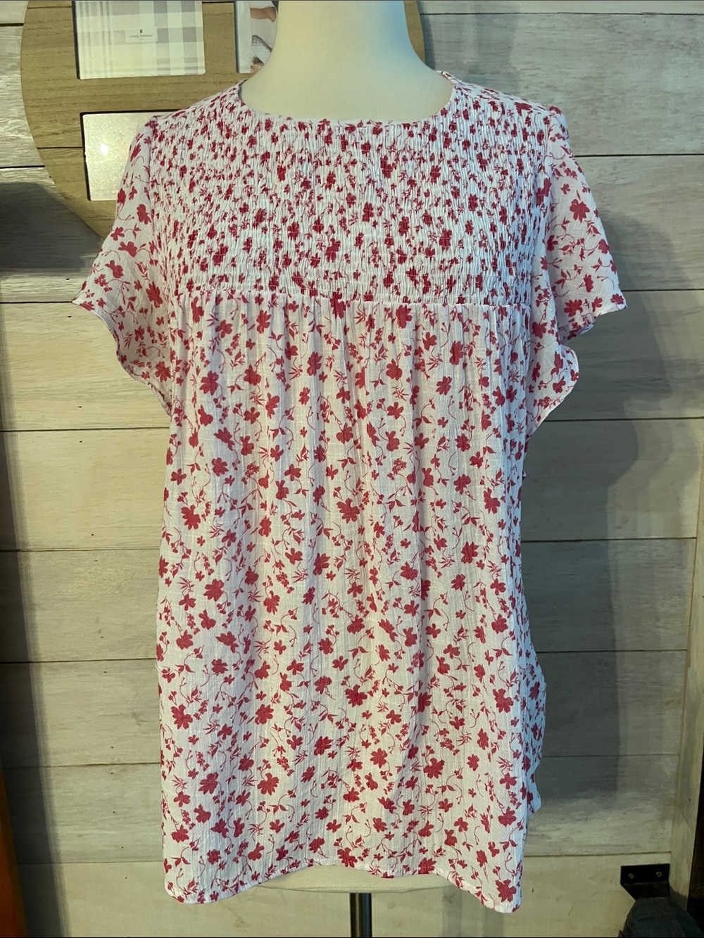 Counterparts White Tunic with Pink Floral Smocking S